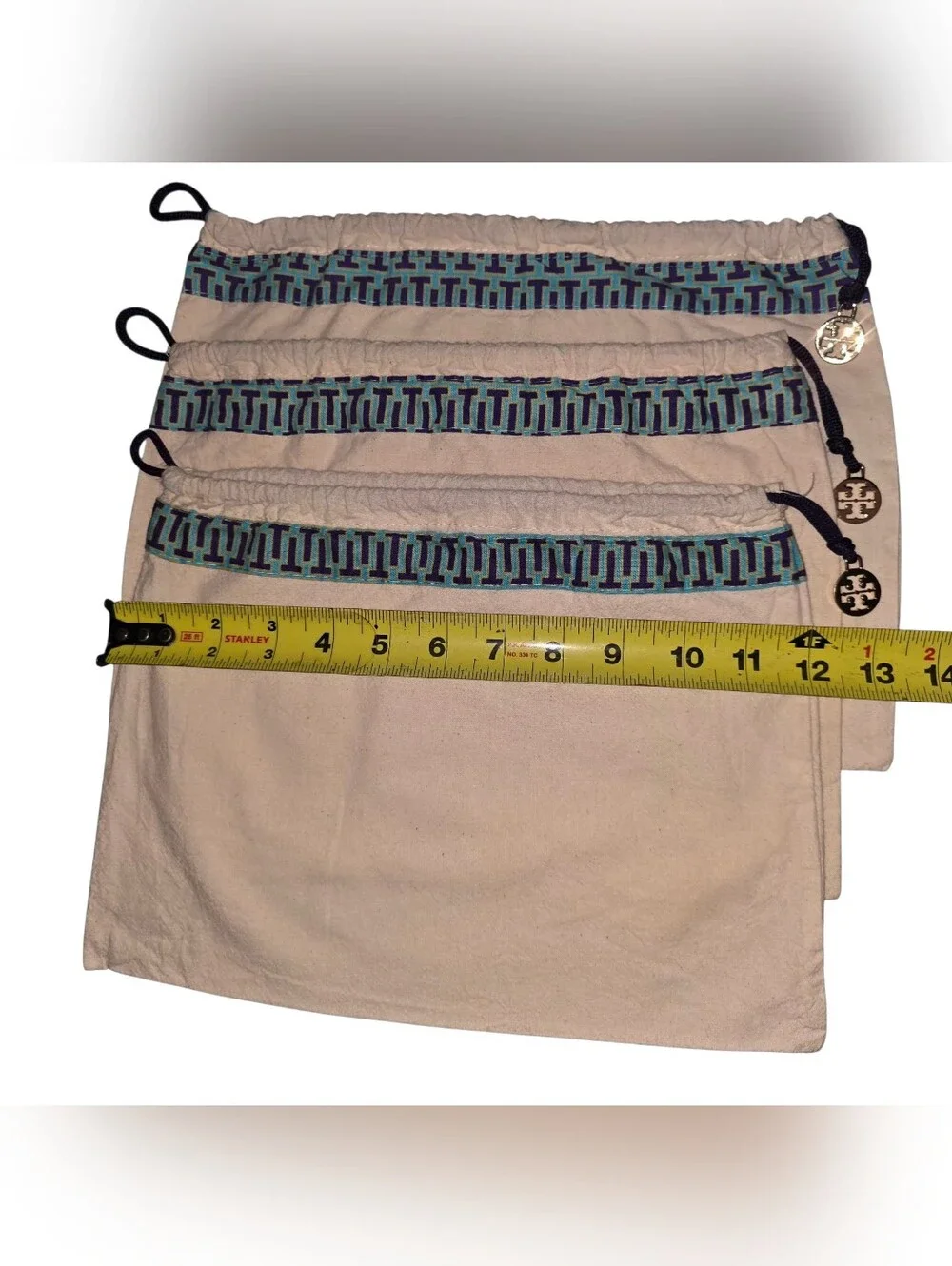 Tory Burch Beige Drawstring Dust Bag with Blue Trim- 3 Piece Set